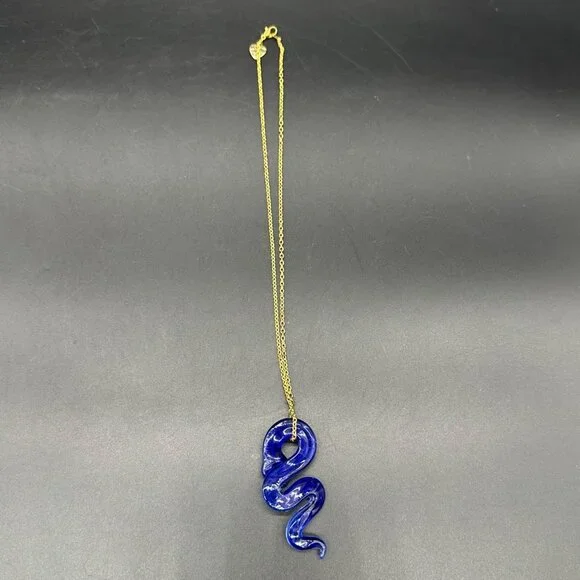 Art Glass Snake Pendant Necklace Gold Toned Chain Blue Copper Lampwork Serpent - Picture 4 of 9